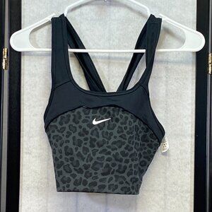 Nike Dri-FIT Leopard Print Swoosh Sports Bra Activewear Workout Top Black Grey L